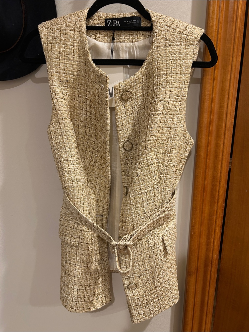 Zara Cream Tweed Sleeveless Belted Vest